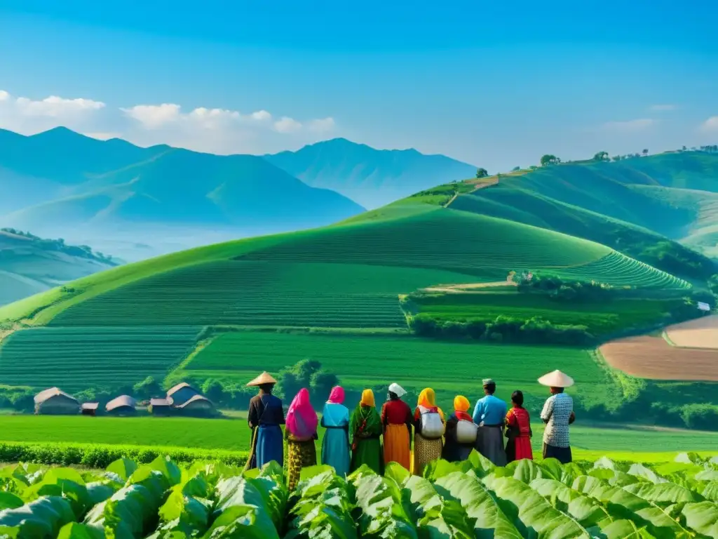 Un grupo de agricultores en un campo verde exuberante, discutiendo su cosecha con determinación y esperanza