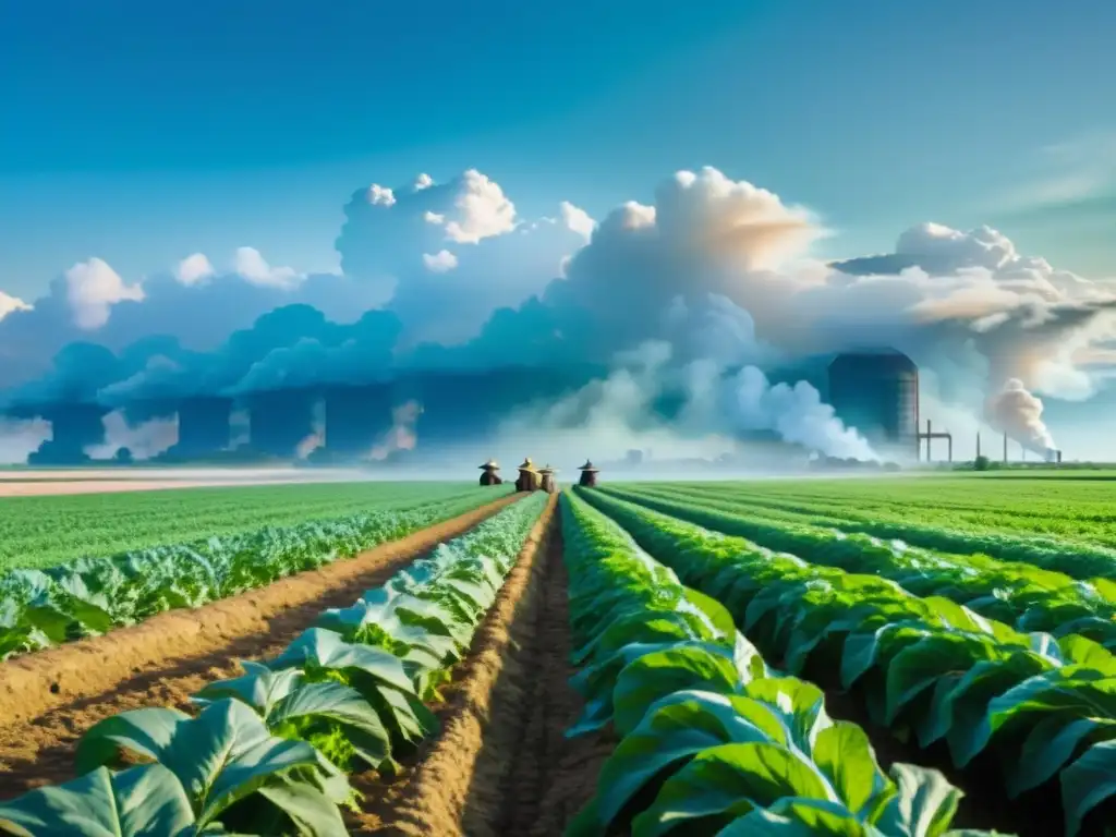 Un grupo de agricultores en un campo verde discuten mientras una fábrica emite humo