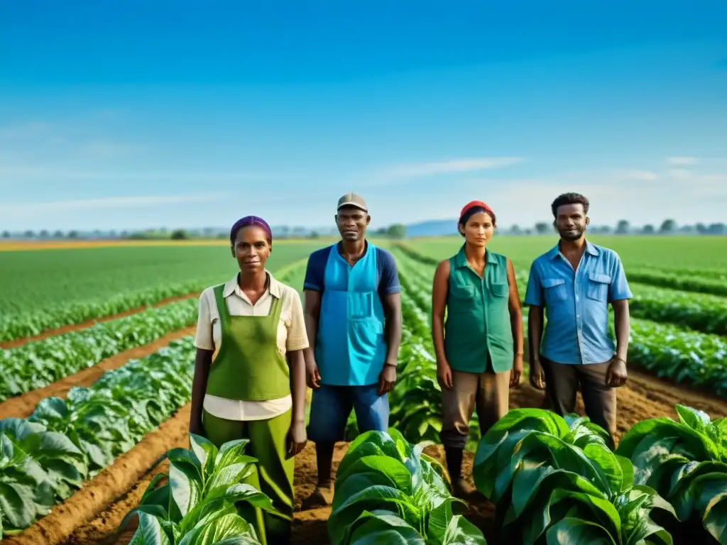 Grupo de agricultores reconstruyendo campos tras la guerra con cultivos verdes, bajo cielos de esperanza