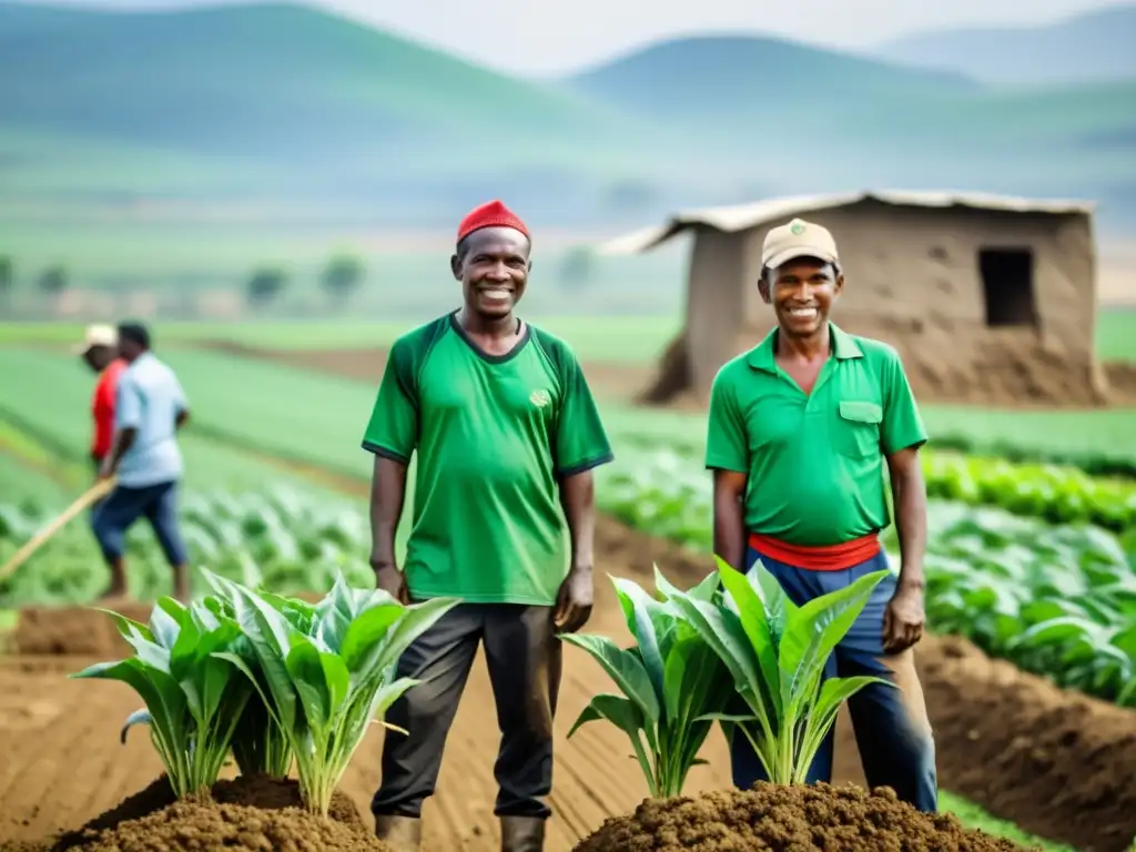 Grupo de agricultores reconstruyendo sus campos tras la guerra, con cultivos verdes vibrantes