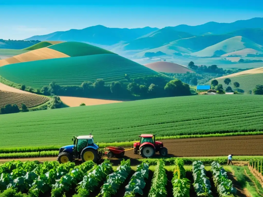 Un grupo de agricultores diversos cultiva cosechas en un campo exuberante, practicando la agricultura sostenible