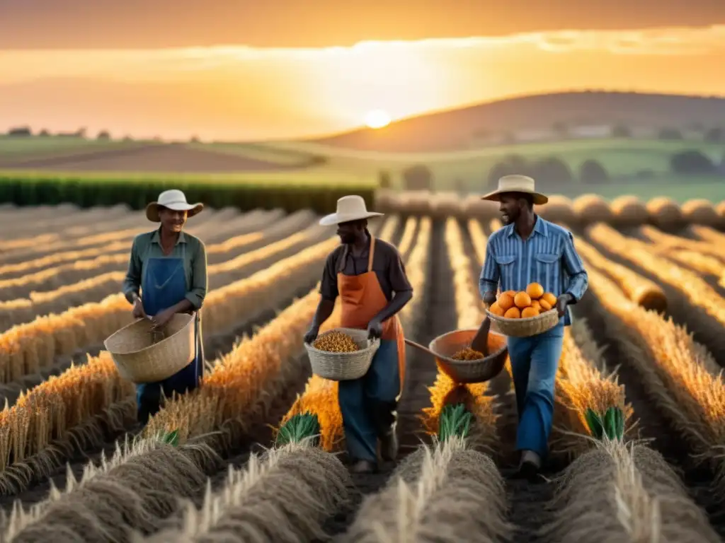 Grupo de agricultores cosechando cultivos al atardecer, mostrando la lucha por la seguridad alimentaria y derechos humanos