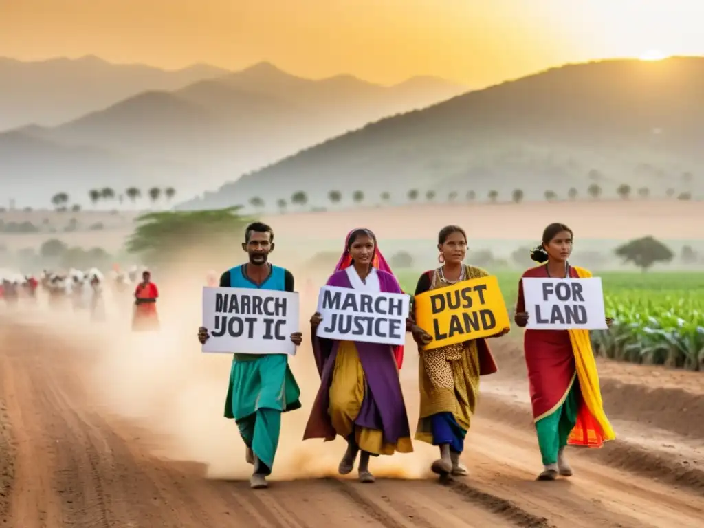 Un grupo de agricultores determinados marcha con pasión por la reforma agraria y derechos, creando una imagen impactante de unidad y lucha