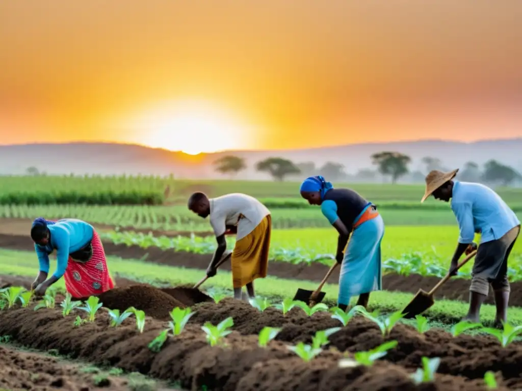 Grupo de agricultores en región post guerra reconstruyendo sistemas de sustento con determinación y esperanza al atardecer