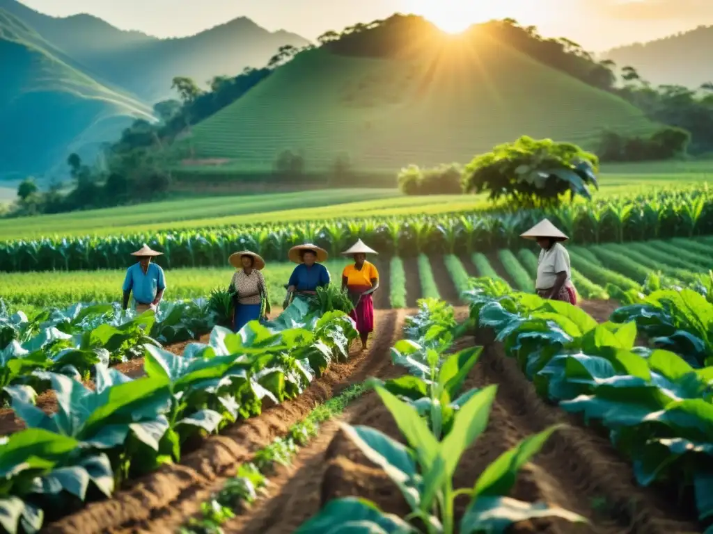 Grupo de agricultores indígenas trabajando en armonía con la tierra, demostrando la autonomía alimentaria de los movimientos indígenas