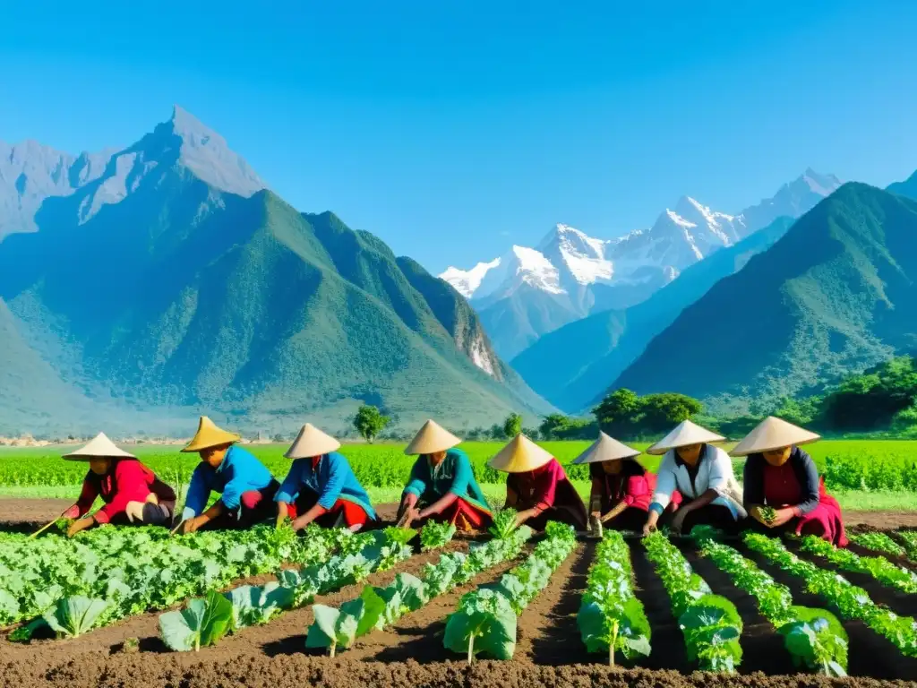 Grupo de agricultores indígenas plantando cultivos en un campo biodiverso, reflejando movimientos indígenas autonomía alimentaria