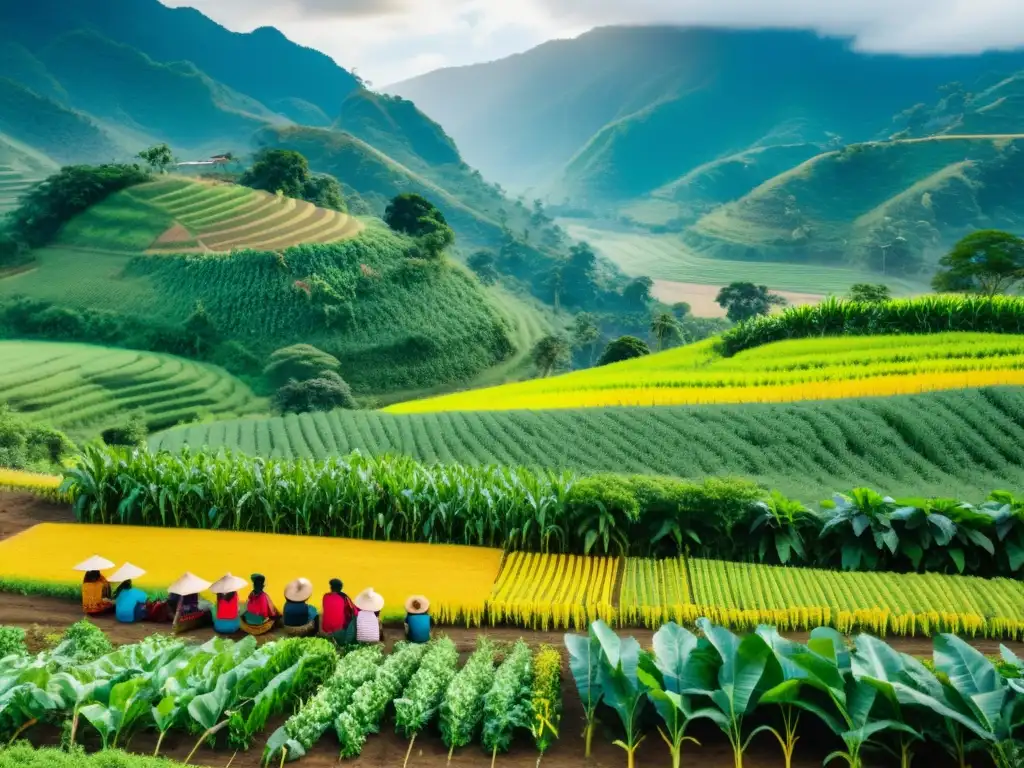 Un grupo de agricultores indígenas cuida sus cultivos en un sistema agroforestal biodiverso, mostrando la conexión con la tierra y la autonomía alimentaria de los movimientos indígenas