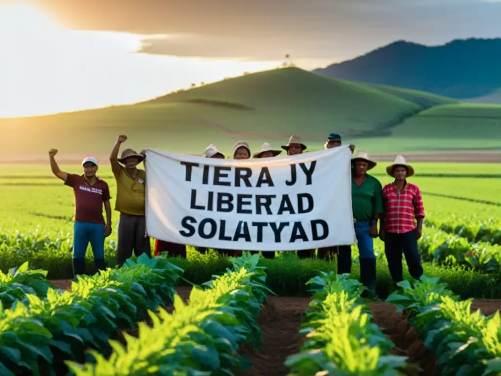 Grupo de agricultores indígenas en lucha por movimientos sociales, reforma agraria y derechos, levantando puños con determinación y solidaridad en campo verde