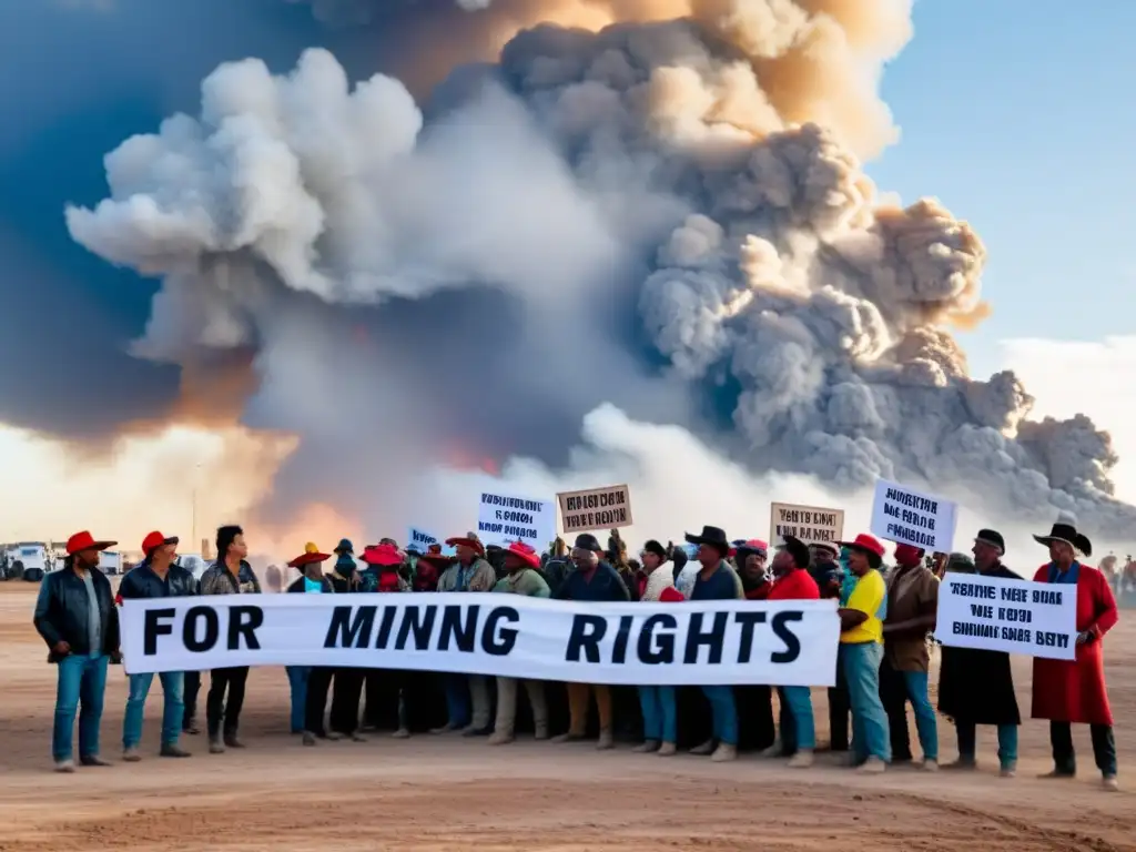 Grupo de agricultores indígenas protestando contra la minería de fertilizantes y derechos humanos, rodeados de polvo y determinación