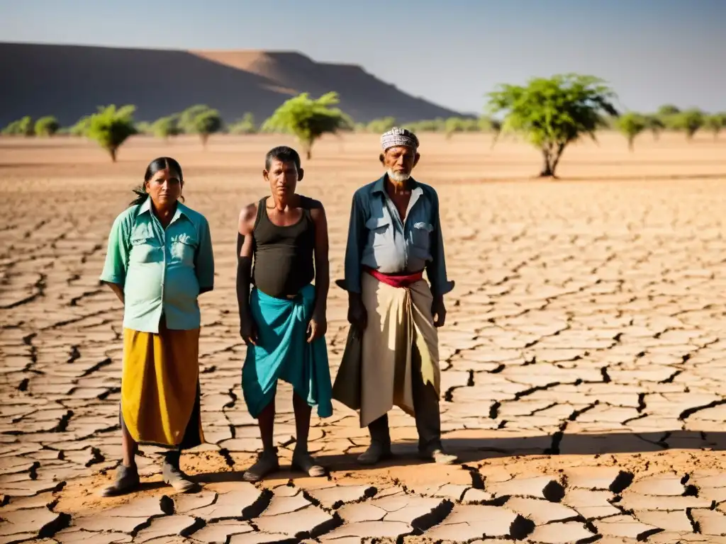 Grupo de agricultores indígenas en tierras áridas, preocupados por el impacto del cambio climático en la pobreza global