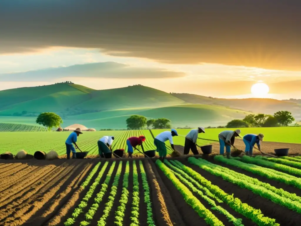 Un grupo de agricultores trabaja juntos para reconstruir su comunidad, sembrando cultivos en campos verdes