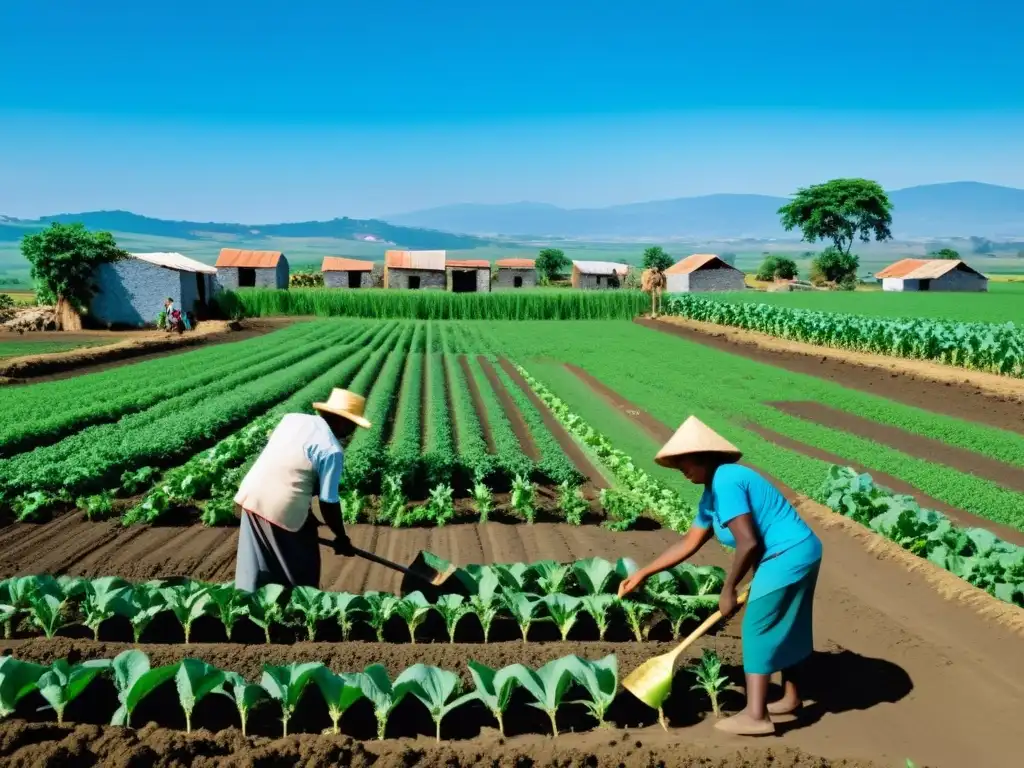 Grupo de agricultores locales trabajando juntos en la reconstrucción de sus sistemas de sustento post guerra, mostrando resiliencia y determinación