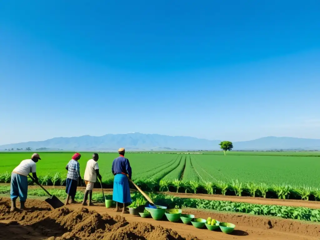 Grupo de agricultores locales en un país postconflicto trabajando juntos para reconstruir su infraestructura agrícola, con campos verdes vibrantes bajo un cielo azul claro