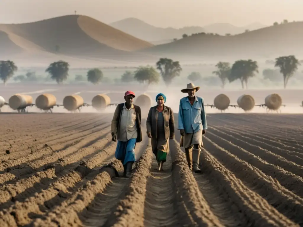 Grupo de agricultores preocupados inspeccionando cultivos marchitos y suelo estéril en un campo de sequía