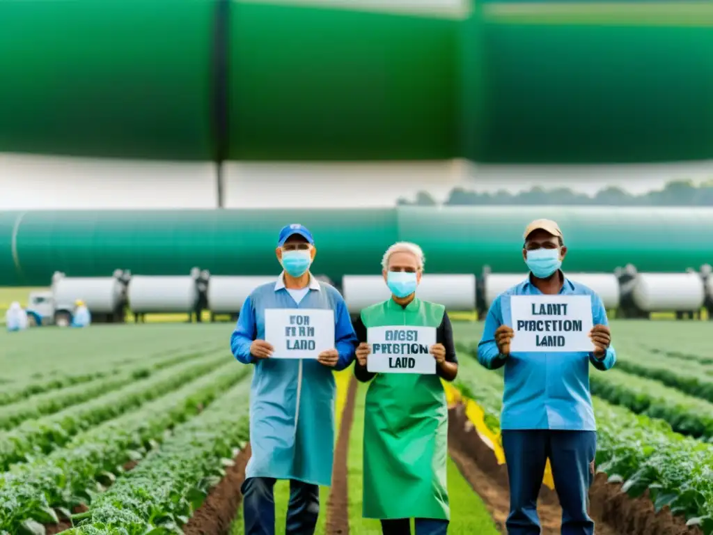 Grupo de agricultores en protesta pacífica contra agroquímicos y por derechos humanos globales en campo verde con granja industrial al fondo