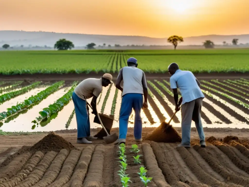 Grupo de agricultores reconstruyendo sistemas sustento post guerra, sembrando con determinación mientras el sol se pone sobre el campo devastado