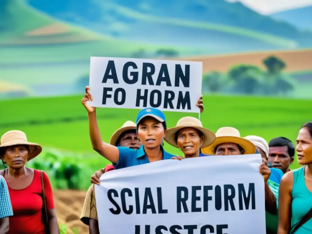 Grupo de agricultores sin tierra en protesta pacífica por movimientos sociales reforma agraria derechos, expresando determinación y esperanza