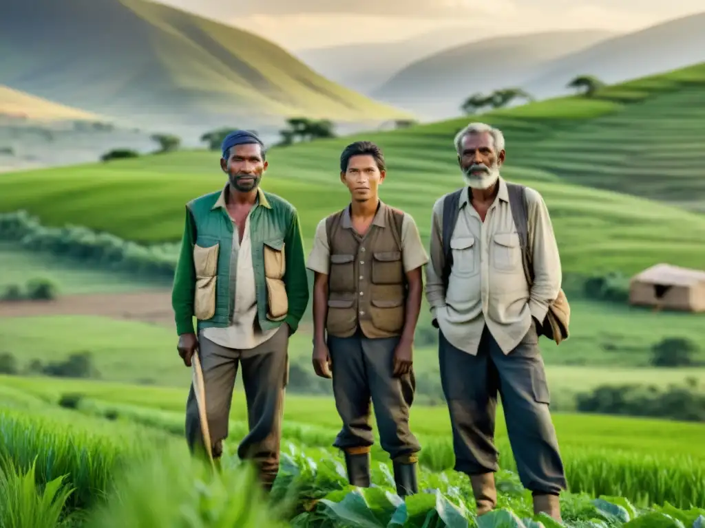 Grupo de agricultores luchando por la tierra en zona postconflicto, retratando determinación y resiliencia en un campo verde exuberante