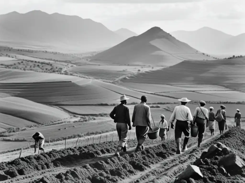 Grupo de agricultores luchando por la tierra en zonas postconflicto, mostrando resiliencia y esperanza en un paisaje desafiante en blanco y negro