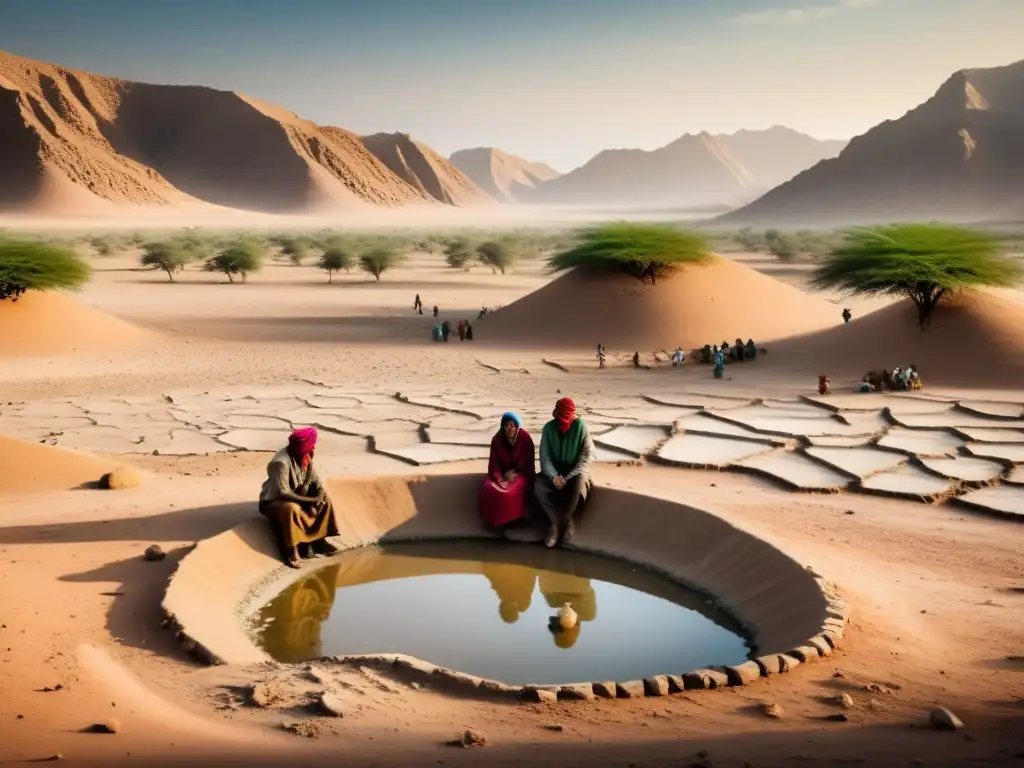 Grupo en aldea remota junto a fuente de agua escasa, reflejo del impacto del cambio climático en conflictos armados