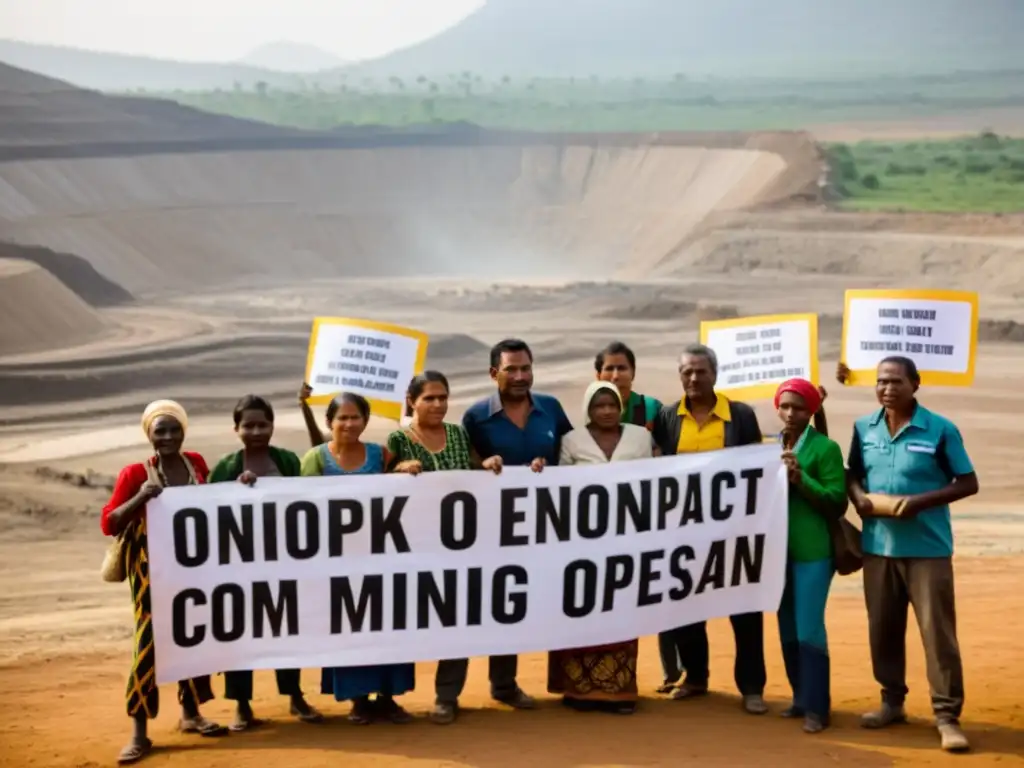 Grupo de aldeanos protestando por los minerales de conflicto en zonas de guerra, frente a una mina