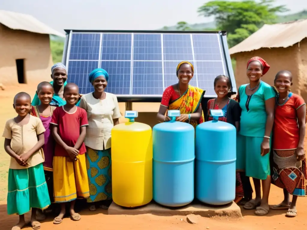 Grupo de aldeanos sonrientes recogen agua purificada gracias a tecnología solar, simbolizando impacto tecnológico en erradicación pobreza