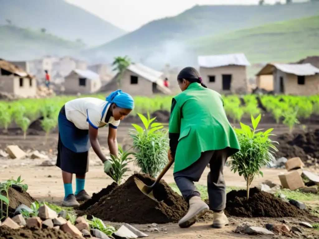 Un grupo de aldeanos y trabajadores de ayuda plantan árboles en un paisaje de guerra