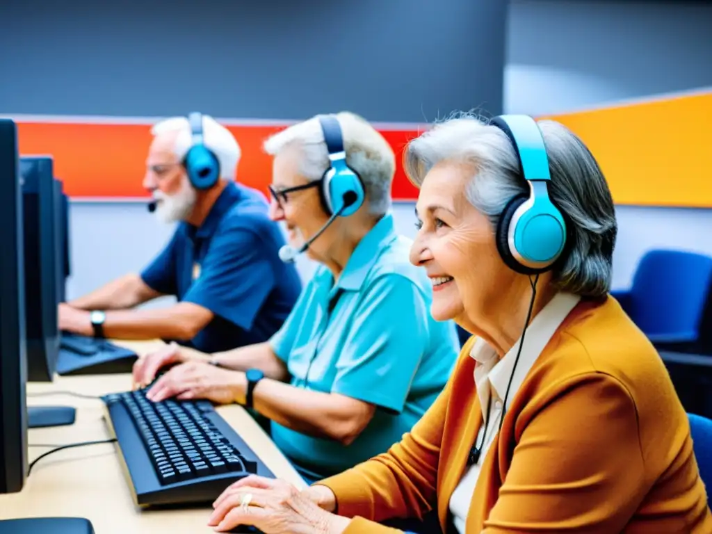 Grupo de ancianos disfrutando del acceso tecnológico en un aula luminosa, con posters promoviendo la alfabetización digital en las paredes