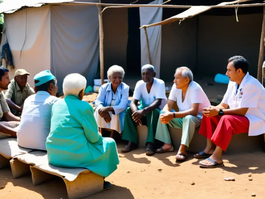 Grupo de ancianos atendidos por profesionales en una clínica improvisada en una zona de guerra