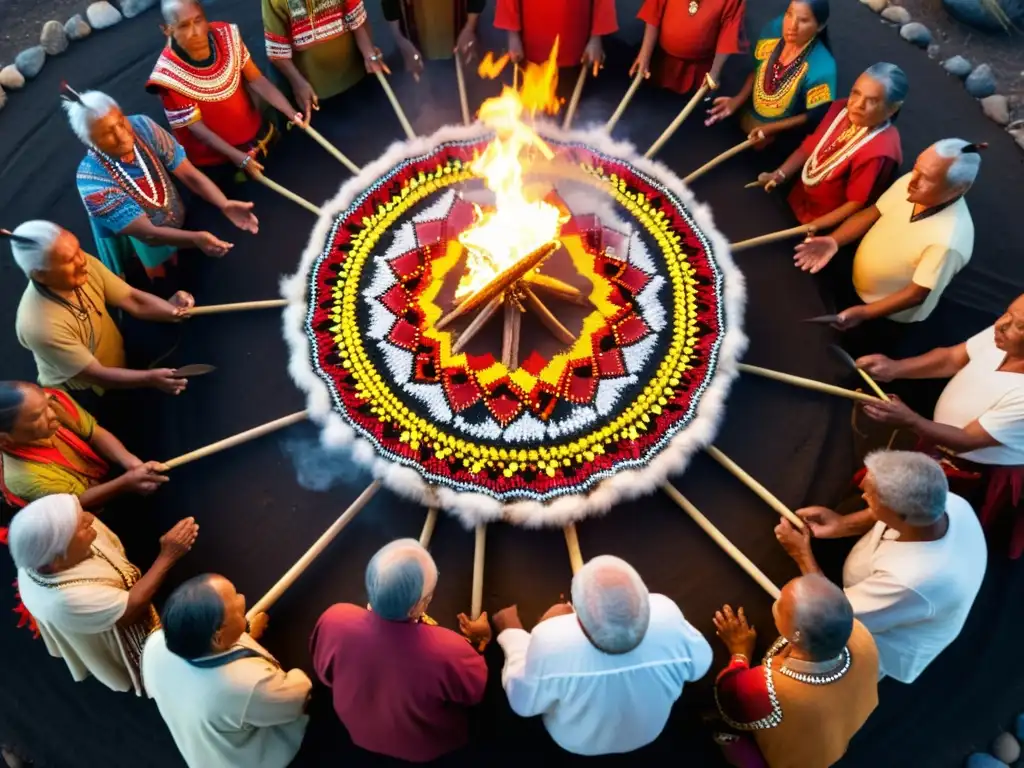 Grupo de ancianos en ceremonia indígena alrededor del fuego, transmitiendo significado fechas clave pueblos indígenas