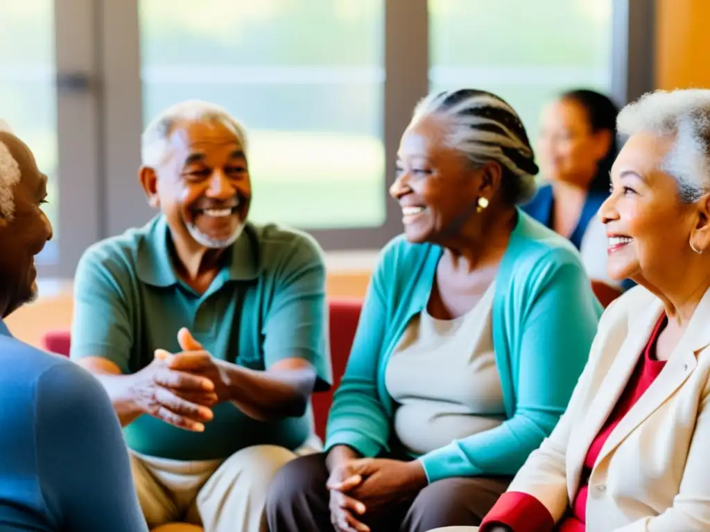 Un grupo de ancianos de diversas culturas conversando y compartiendo en un centro comunitario, reflejando sabiduría y resiliencia