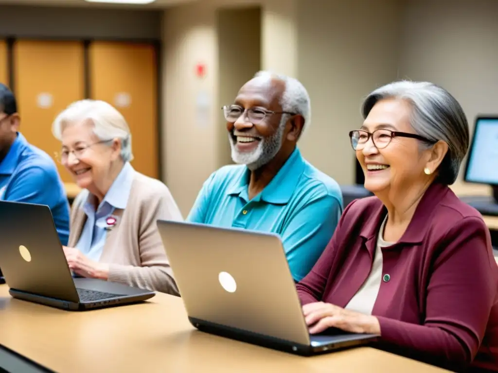 Grupo de ancianos usando dispositivos digitales con asistencia