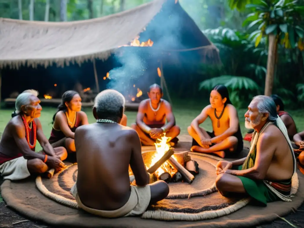 Grupo de ancianos indígenas comparten sabiduría ancestral alrededor del fuego en la selva, transmitiendo conocimientos a la generación joven