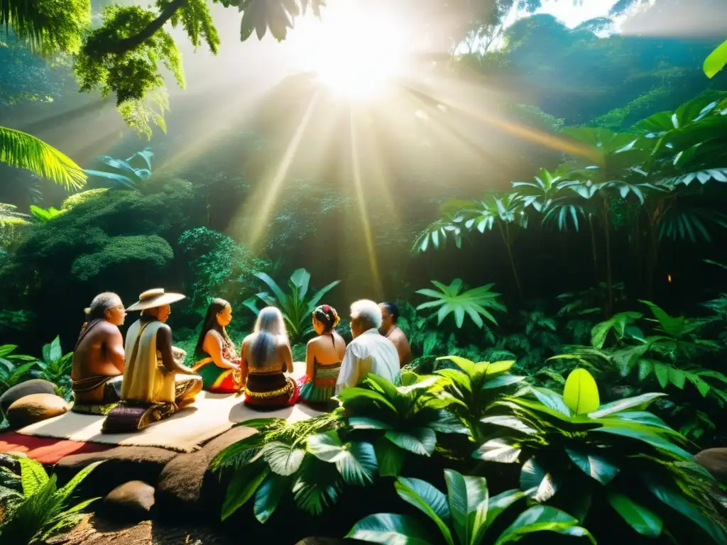 Grupo de ancianos indígenas realizando una ceremonia sagrada en la exuberante selva, transmitiendo la protección del patrimonio cultural inmaterial