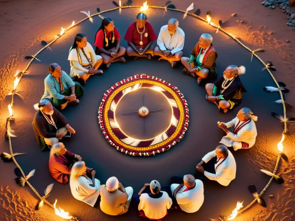 Grupo de ancianos indígenas en ceremonia, ataviados con vestimenta tradicional, rodeados de artefactos simbólicos, iluminados por el fuego, representando la importancia espiritualidad indígena derechos humanos