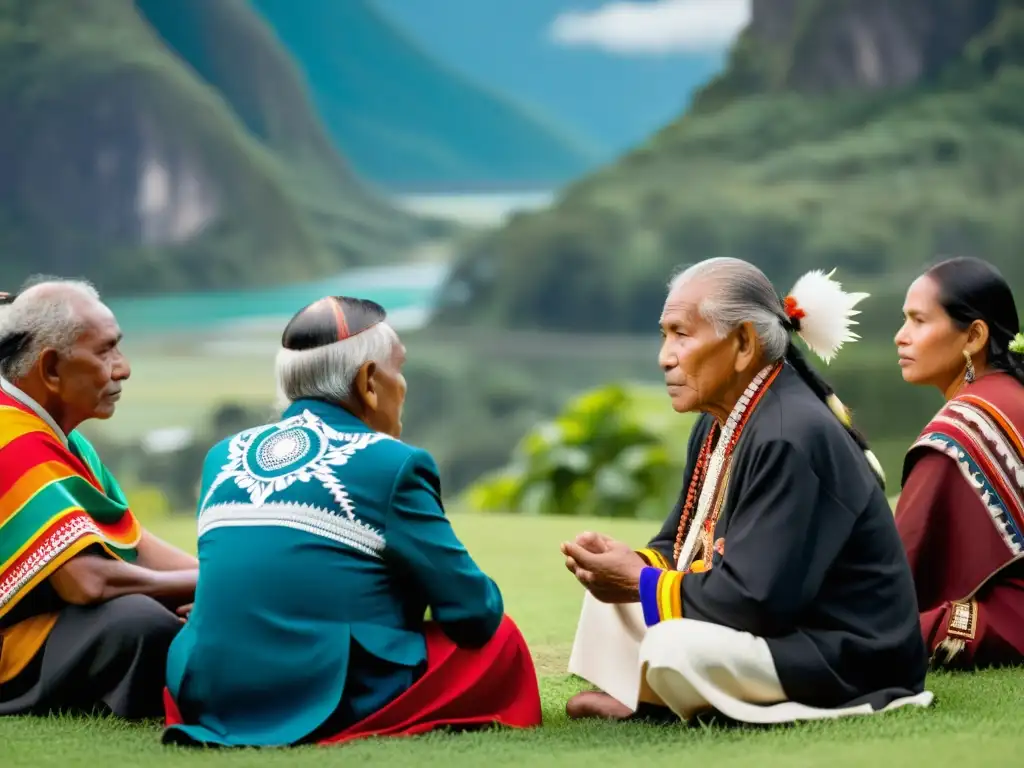 Grupo de ancianos indígenas en ceremonia, ataviados con vestimenta tradicional, iluminados por una suave luz natural