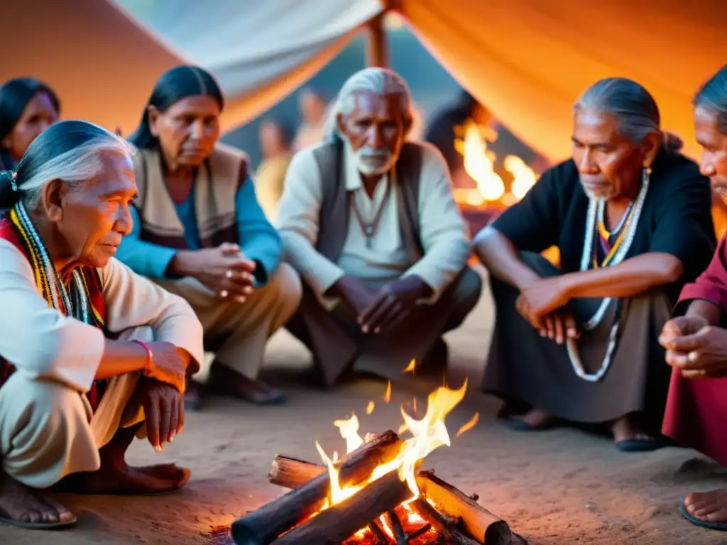 Grupo de ancianos indígenas participando en una ceremonia espiritual alrededor del fuego, transmitiendo la importancia de la resistencia espiritual