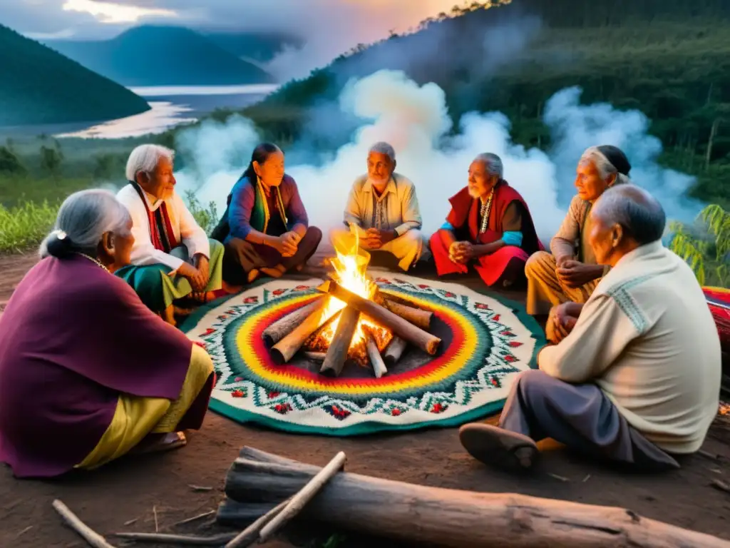 Grupo de ancianos indígenas en círculo alrededor del fuego, con atuendos tradicionales, en profunda conversación