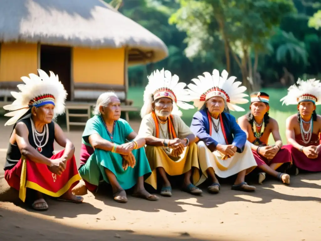 Grupo de ancianos indígenas en círculo, vestidos con atuendos tradicionales, rodeados de naturaleza exuberante