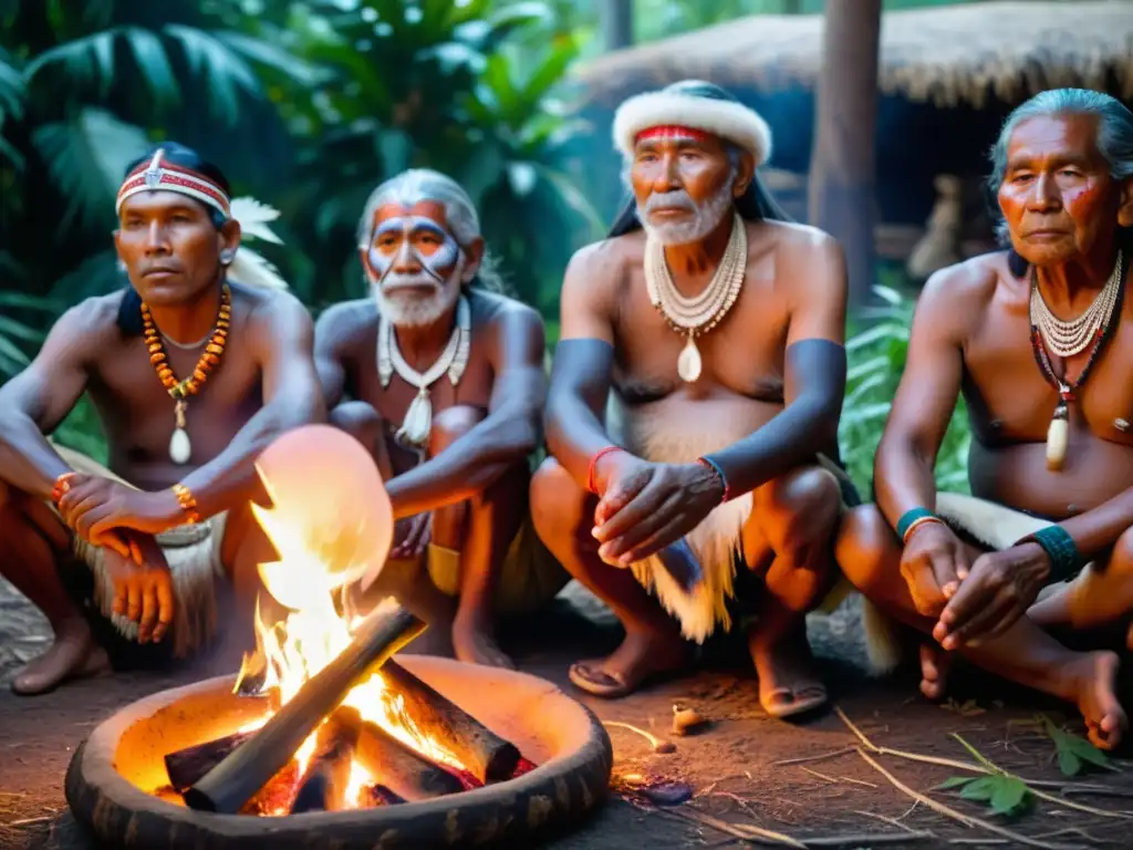 Un grupo de ancianos indígenas se reúne alrededor de un fuego sagrado, llevando pinturas y atuendos tradicionales