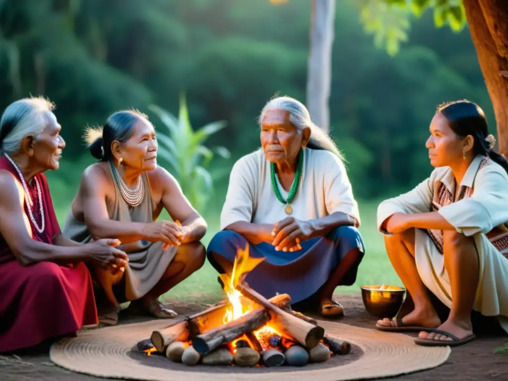 Grupo de ancianos indígenas comparten sabiduría alrededor del fuego, preservando la sabiduría indígena moderna