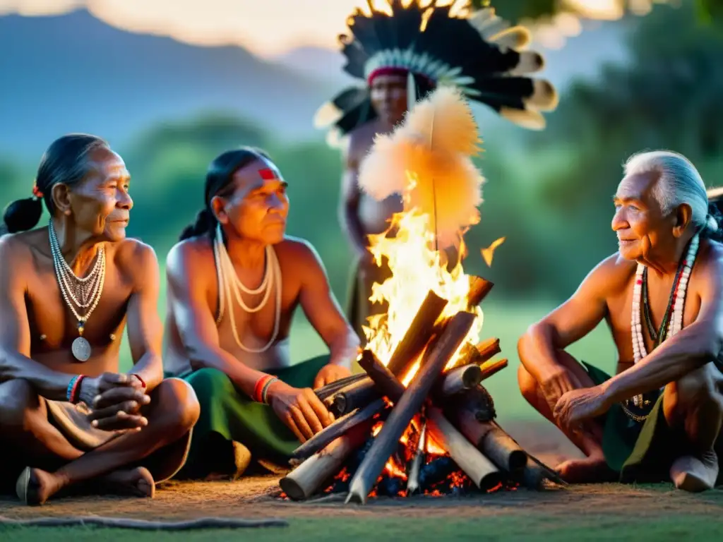 Un grupo de ancianos indígenas se reúne alrededor de un fuego, con atuendos tradicionales y expresiones de sabiduría