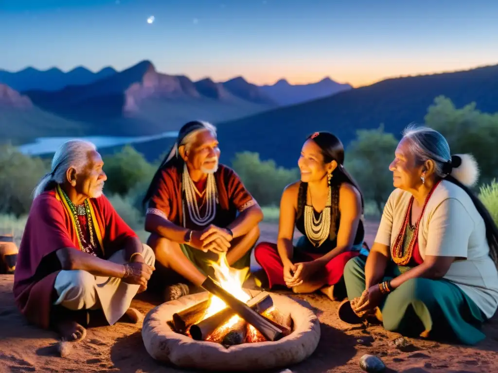 Grupo de ancianos indígenas comparten historias alrededor del fuego, mientras el paisaje muestra la conexión con la naturaleza