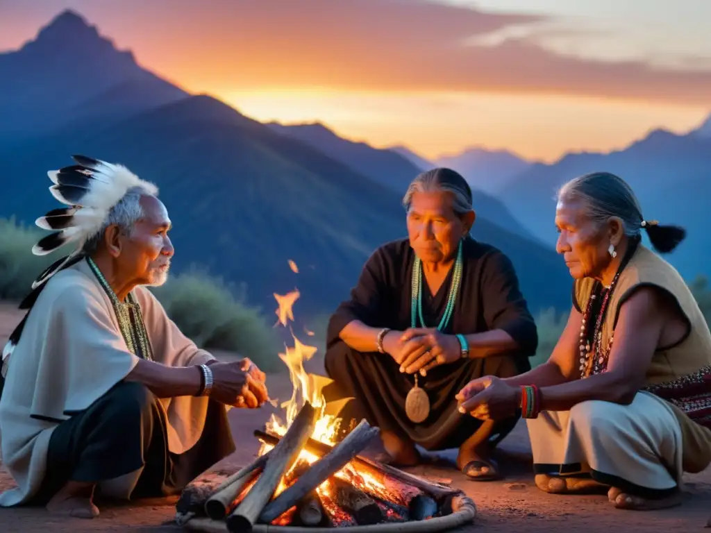 Grupo de ancianos indígenas junto al fuego, transmitiendo importancia de la resistencia espiritual en sus rostros sabios