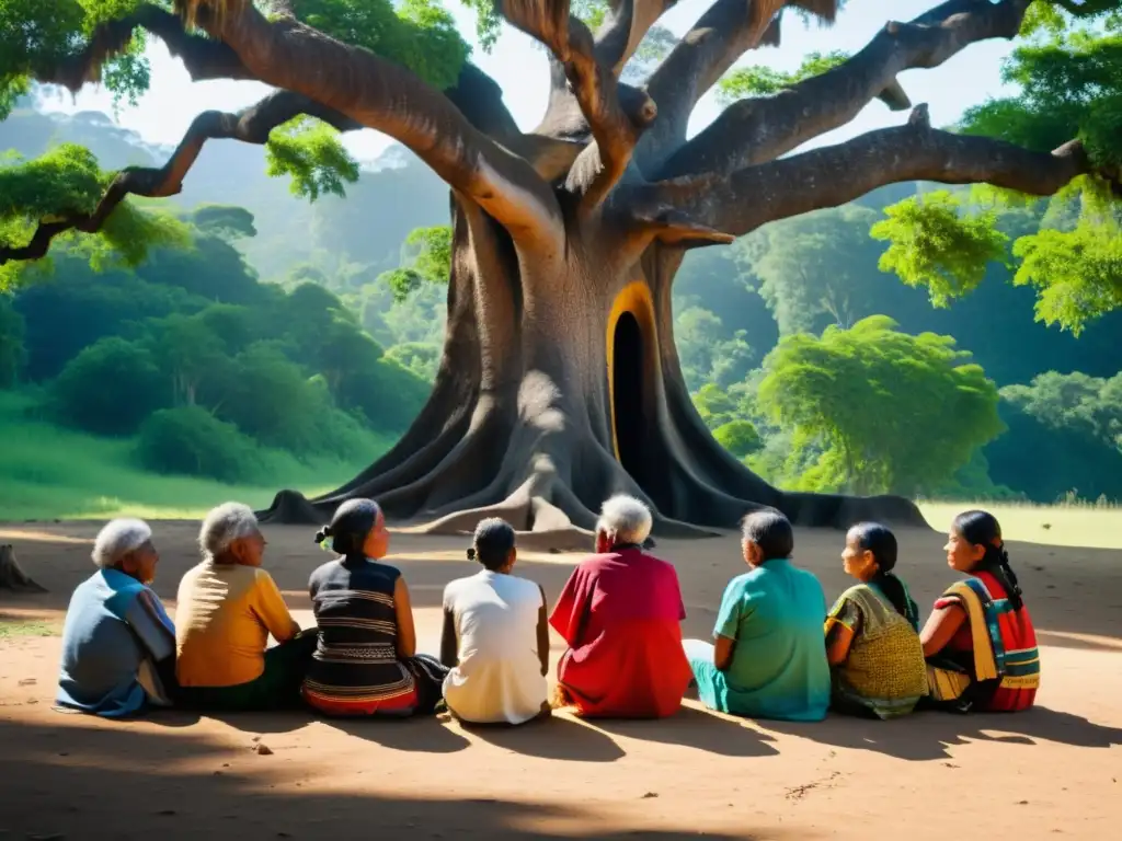 Grupo de ancianos indígenas reunidos bajo un árbol antiguo, transmitiendo reconocimiento histórico conocimientos indígenas en la selva