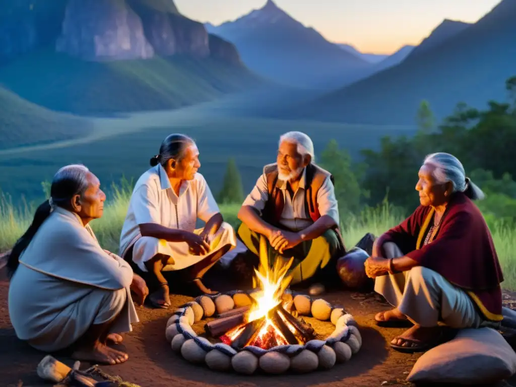 Grupo de ancianos indígenas preservando la sabiduría alrededor del fuego, rodeados de naturaleza exuberante y montañas imponentes