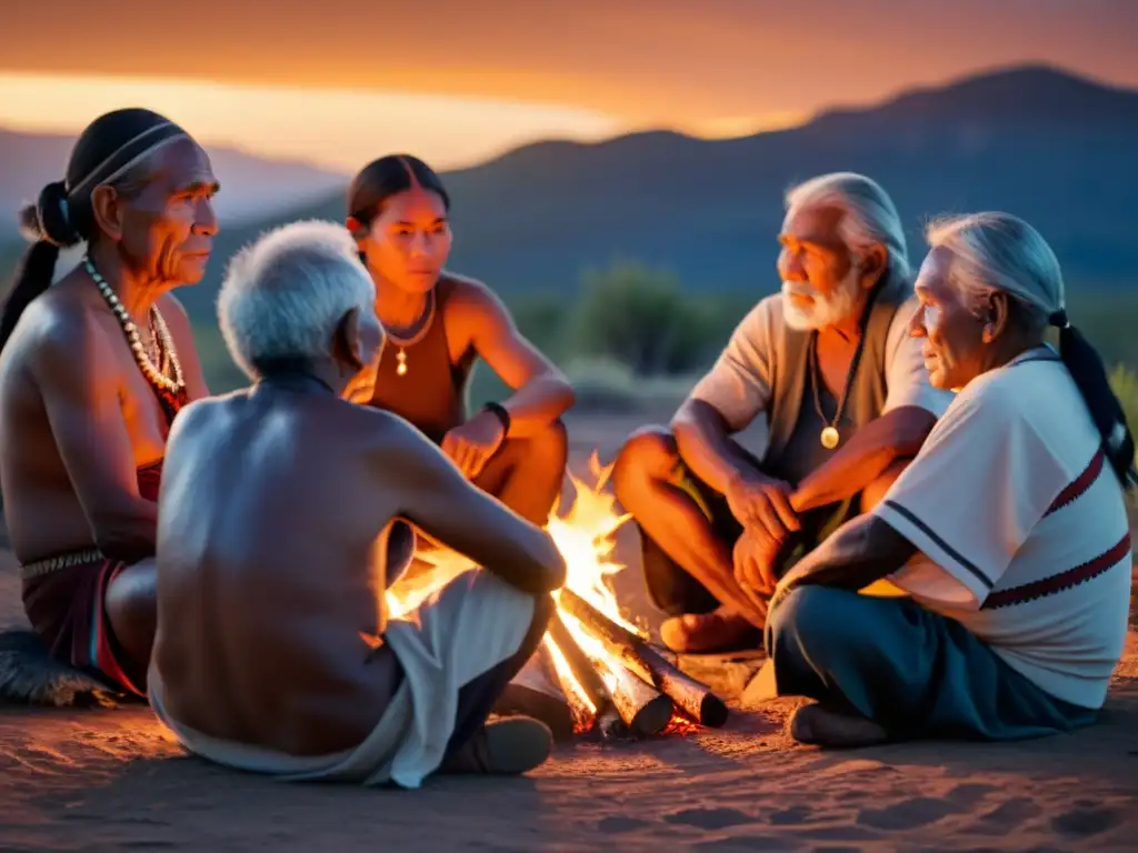 Grupo de ancianos indígenas preservando la sabiduría moderna alrededor del fuego, compartiendo historias y conocimientos ancestrales