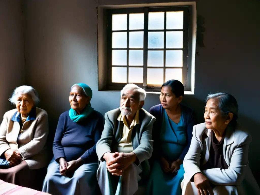 Un grupo de ancianos espera atención médica en una clínica improvisada en una zona de guerra