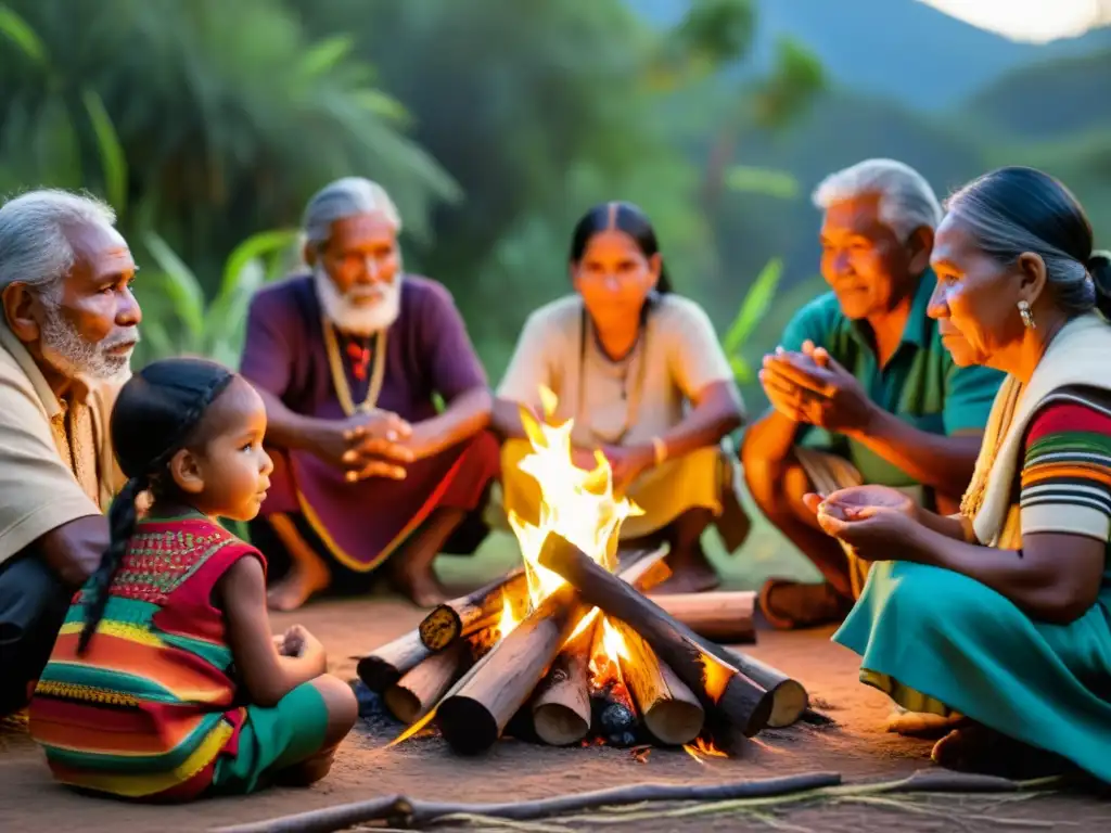 Grupo de ancianos y niños indígenas reunidos alrededor de una fogata, preservando idiomas indígenas derechos culturales