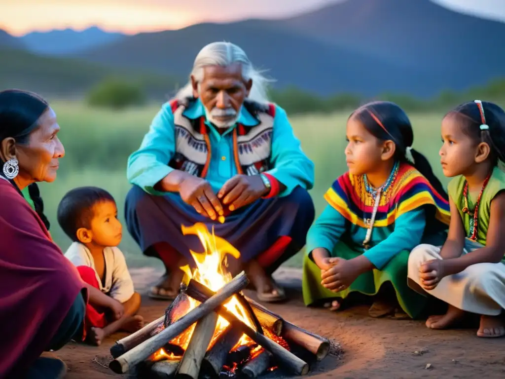 Un grupo de ancianos y niños indígenas se reúnen alrededor de un fuego, compartiendo historias tradicionales